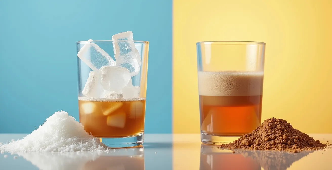 Visual comparison of ice crystal formation with different sugar types showing molecular blocking effect