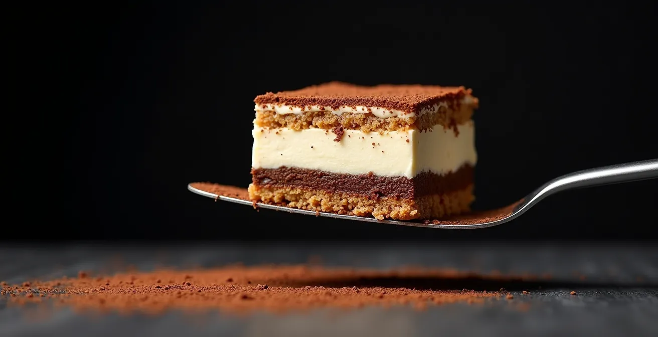 Cross-section view of chilled tiramisu showing firm layers and crystallized mascarpone structure