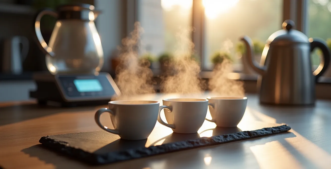 Home kitchen triangulation cupping setup with three identical cups and professional equipment