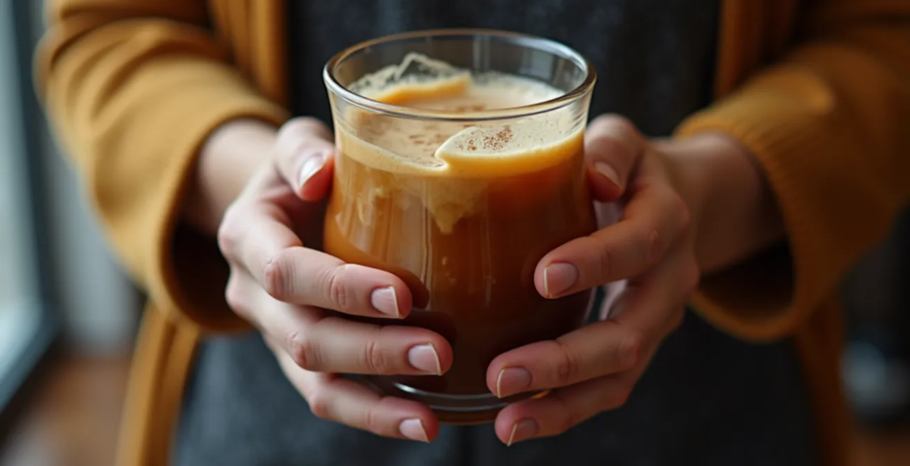 Human hands holding tulip glass with nitro coffee showing perfect cascade