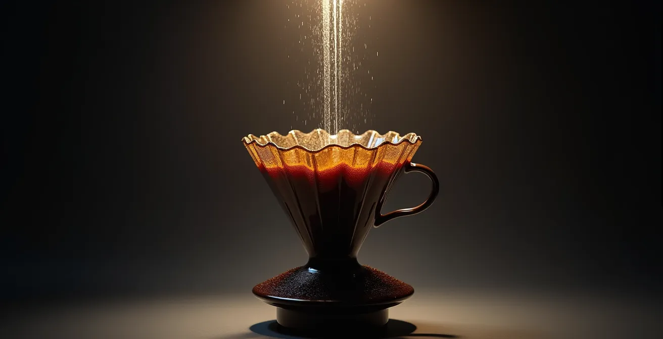 Cross-section view showing water flow patterns through V60's 60-degree angle