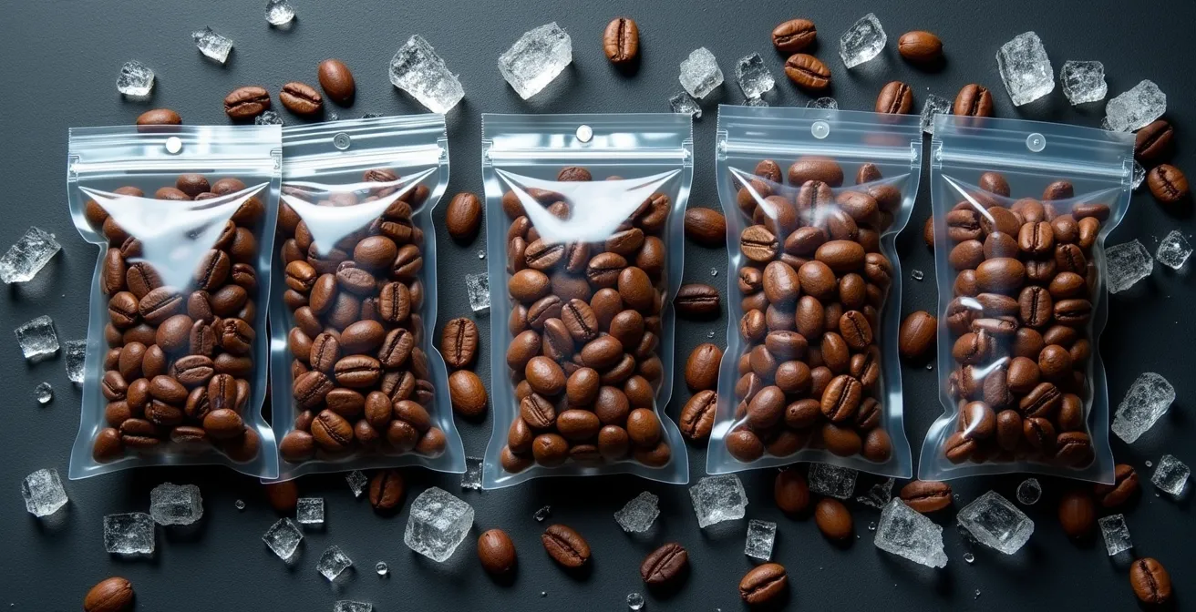 Vacuum-sealed coffee portions in clear bags arranged on a dark surface with visible coffee bean texture