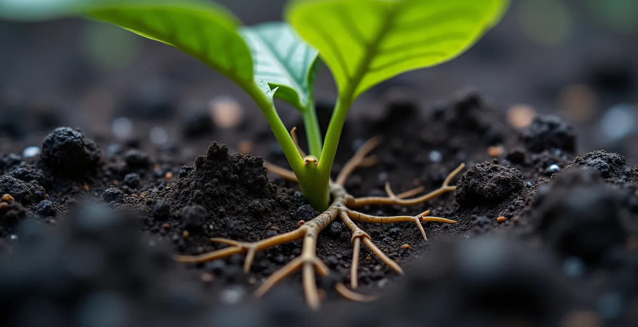 Macro shot of volcanic ash soil with coffee plant roots