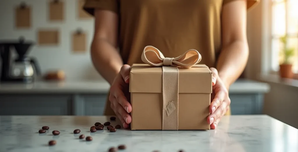 Hands holding a coffee gift box with a calendar in the background, symbolizing the importance of timing for freshness. Hands holding a coffee gift box with a calendar in the background, symbolizing the importance of timing for freshness.